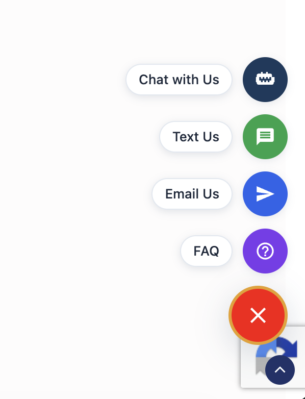 FrontDesk Chat floating action button showing Chat, Text, Email, and FAQ options