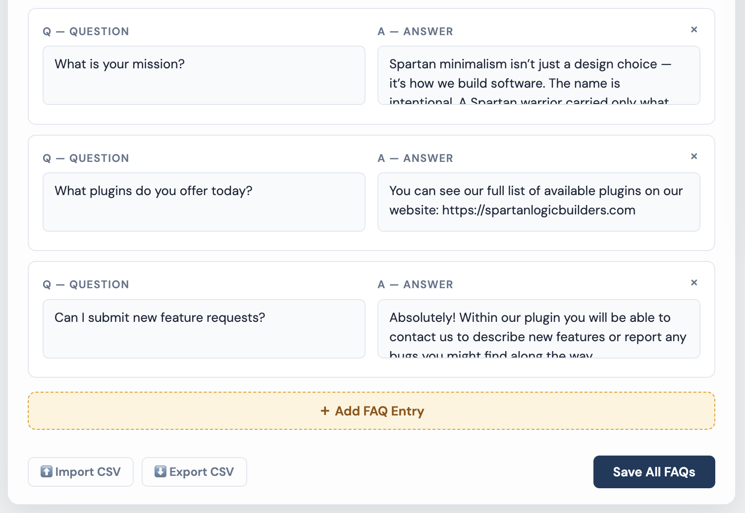 FrontDesk Chat FAQ manager showing Q&A entries with CSV import and export