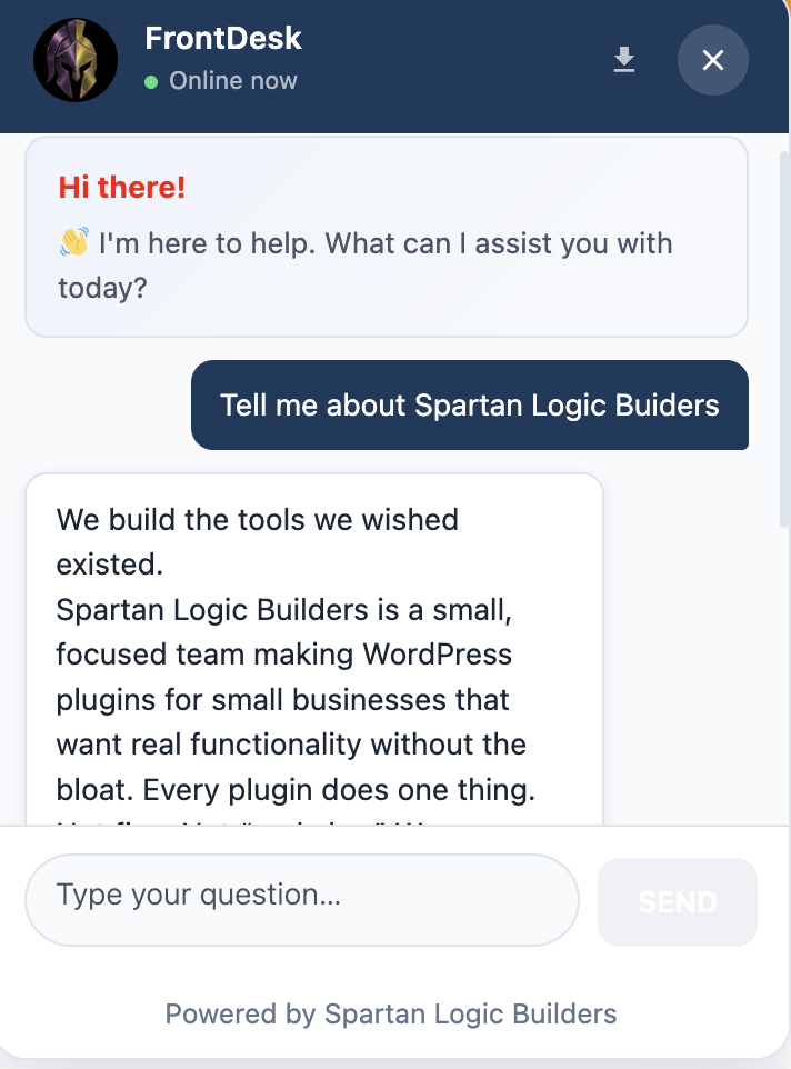 FrontDesk Chat widget showing a live AI-powered conversation