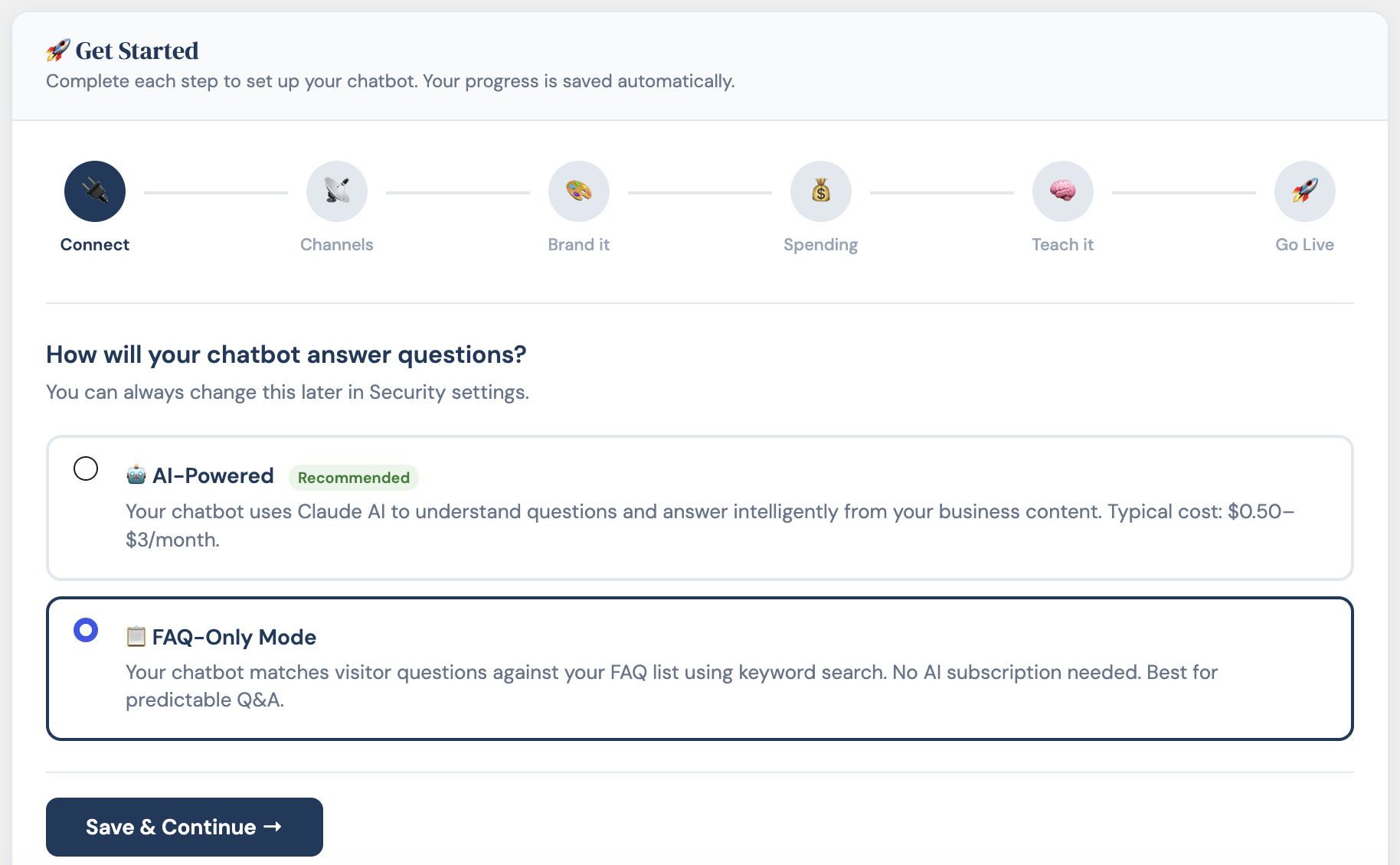 FrontDesk Chat setup wizard showing FAQ-only and AI-powered mode options